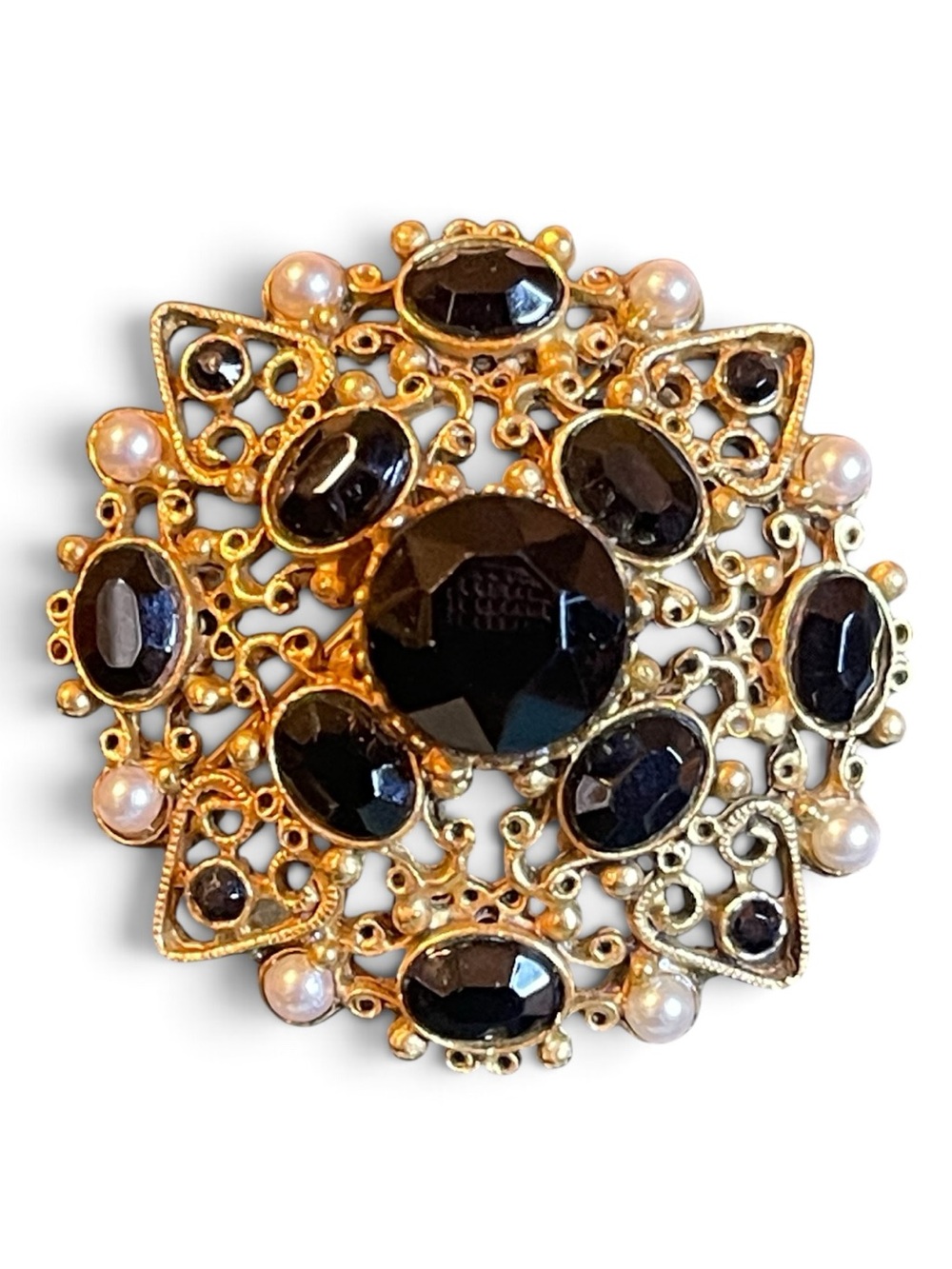Vintage Florenza Victorian Revival Ornate Black & Faux Pearl Brooch
